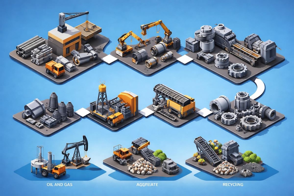 Industrial landscape illustration featuring oil and gas extraction, aggregate production, and recycling processes, highlighting key operations in the U.S. industrial sector.