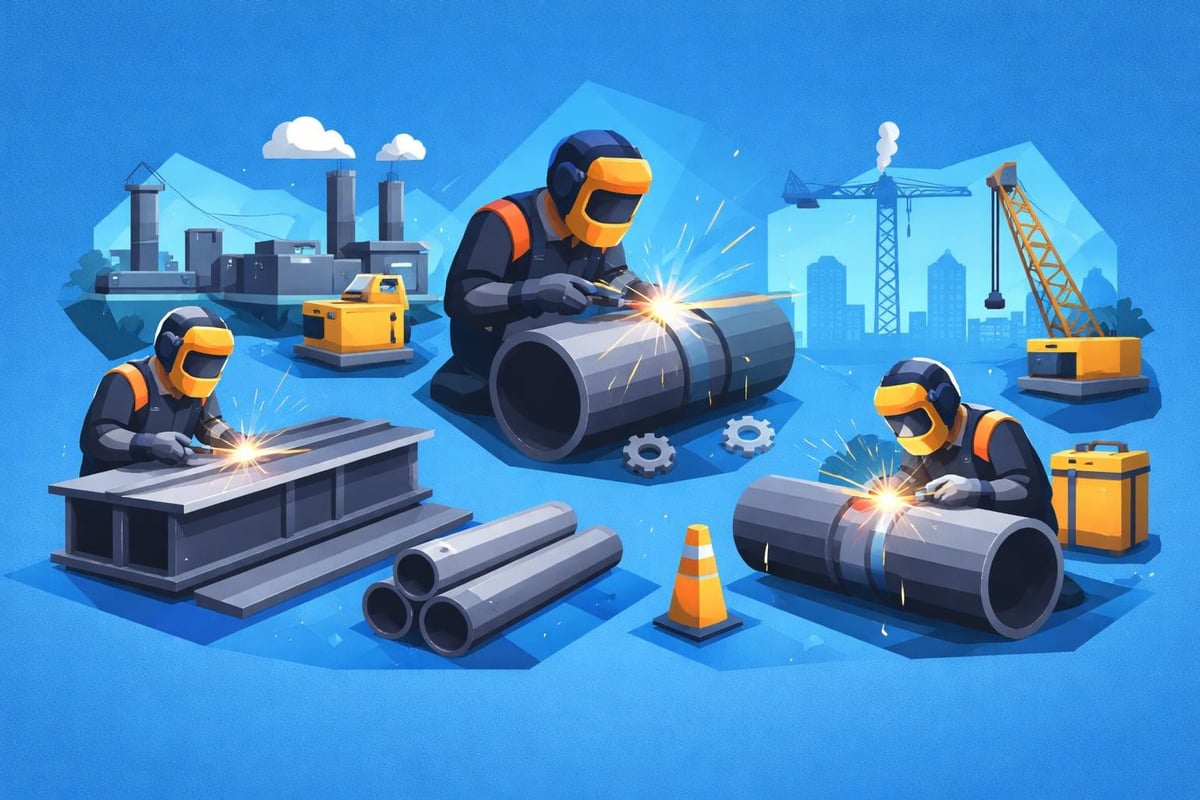 Welders working on metal fabrication with structural components and equipment, showcasing welding techniques in an industrial setting with cranes and machinery in the background.