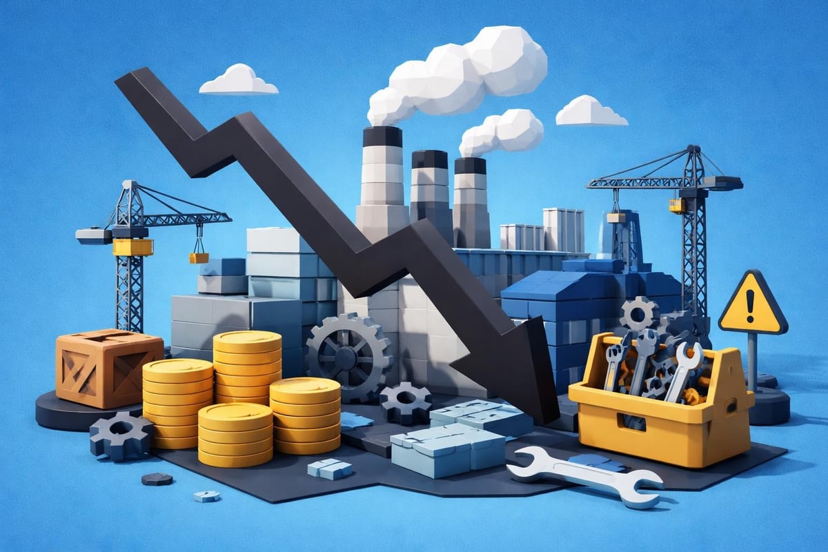 Industrial scene depicting declining economic trends, featuring stacked coins, gears, construction elements, and a downward arrow, symbolizing challenges in the industrial sector and the need for maintenance and repair services.