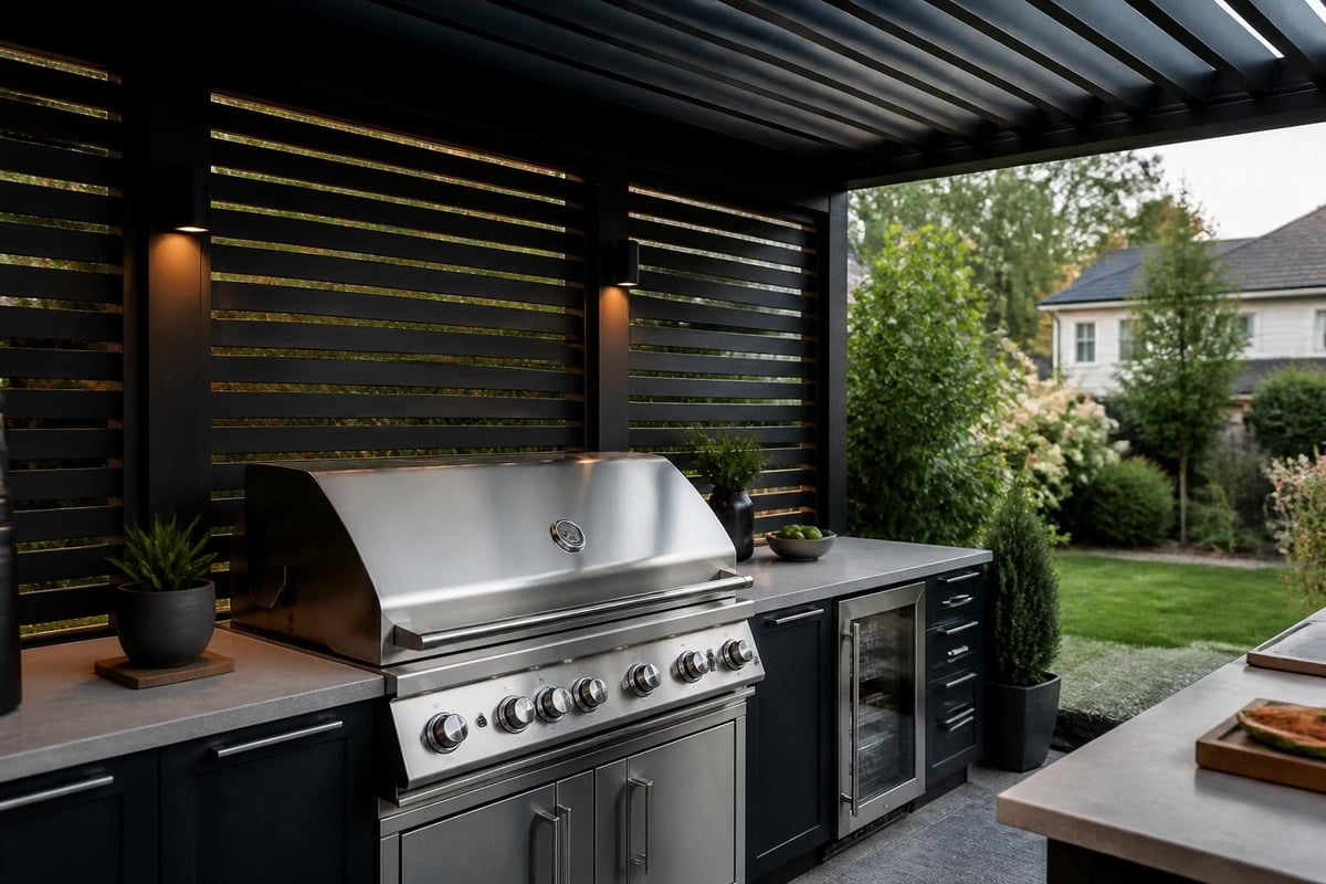Pergola integration with outdoor kitchen