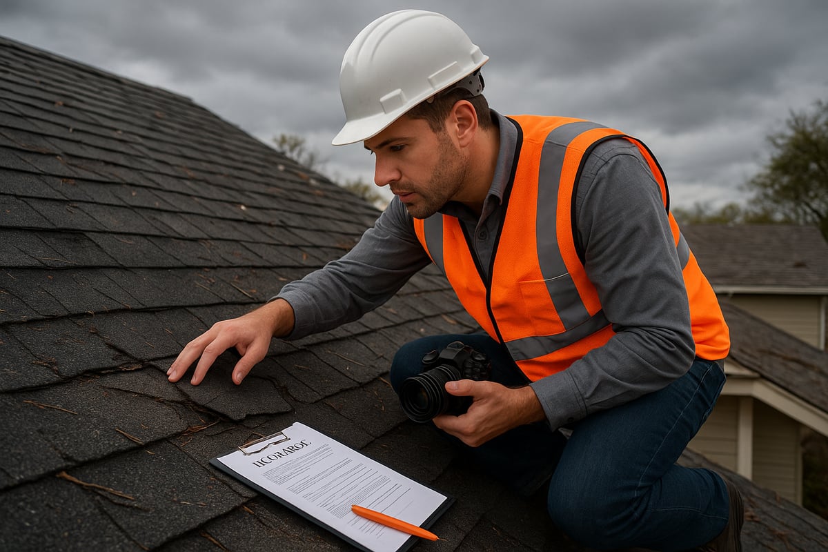 Professional roofer inspecting storm-damaged roof shingles with clipboard and camera, emphasizing the importance of expert evaluations for insurance claims and restoration.