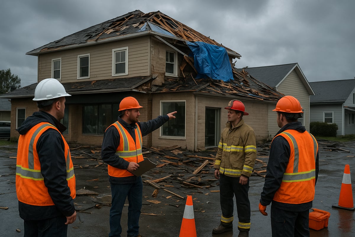 Construction workers assessing storm damage on a house with a partially collapsed roof, discussing repairs and safety measures.