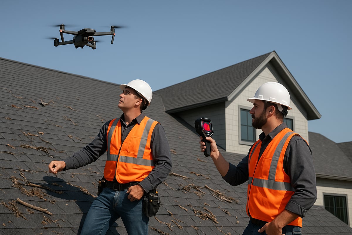 Two storm damage roofers in safety gear inspecting a roof with a drone and thermal imaging camera, assessing for hidden damage and ensuring thorough evaluation for insurance claims.