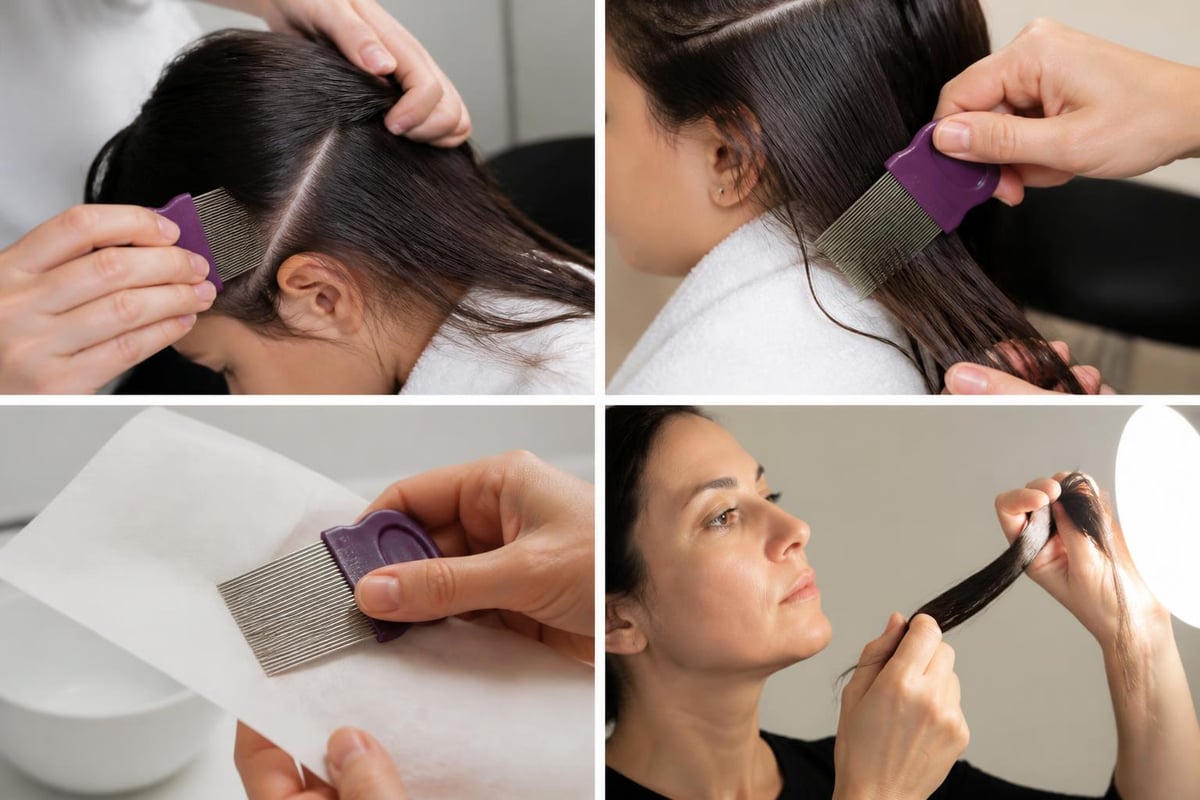 Sectioned hair being combed with a metal nit comb over a white surface during non-toxic lice removal