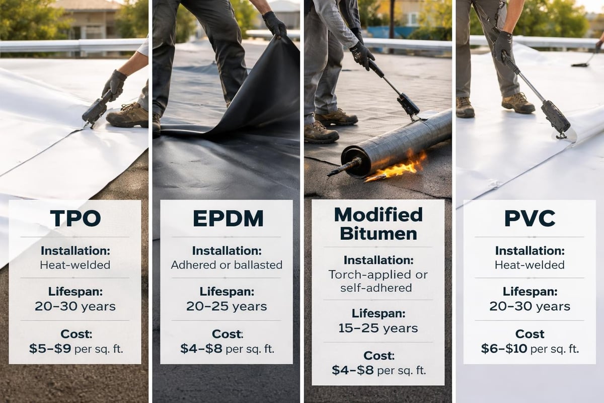 Image showcasing various flat roofing materials—TPO, EPDM, Modified Bitumen, and PVC—highlighting installation methods, lifespans, and costs for commercial roofing applications.