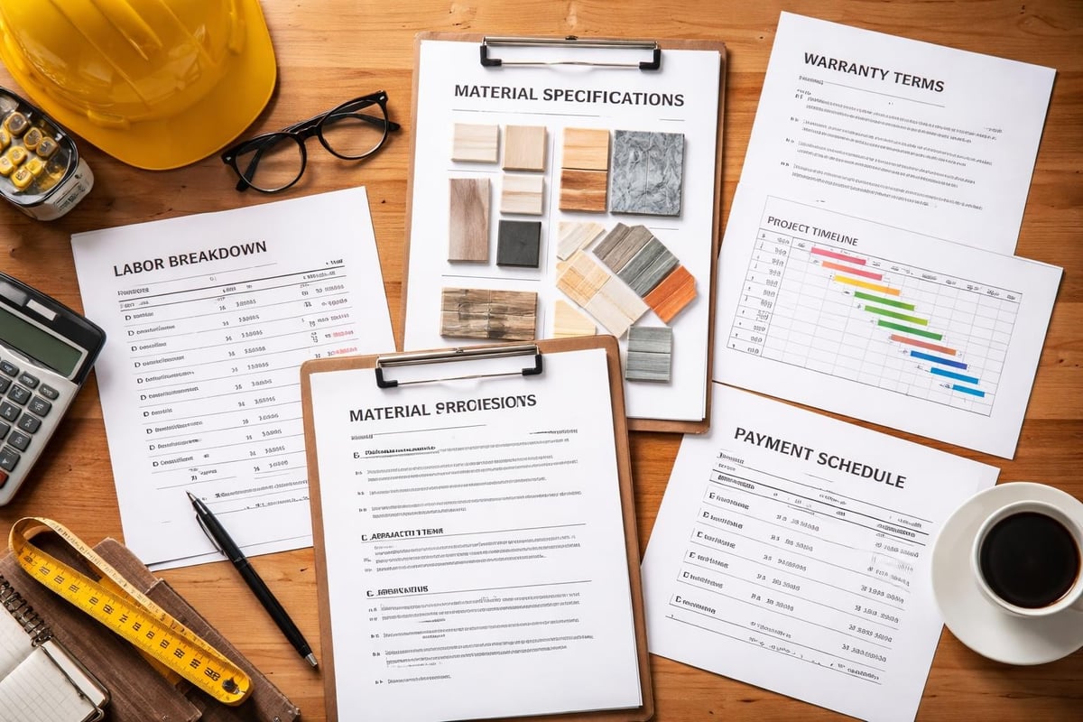 Labor breakdown and material specifications documents with samples, warranty terms, project timeline chart, and payment schedule on wooden desk, emphasizing detailed roofing proposal elements.