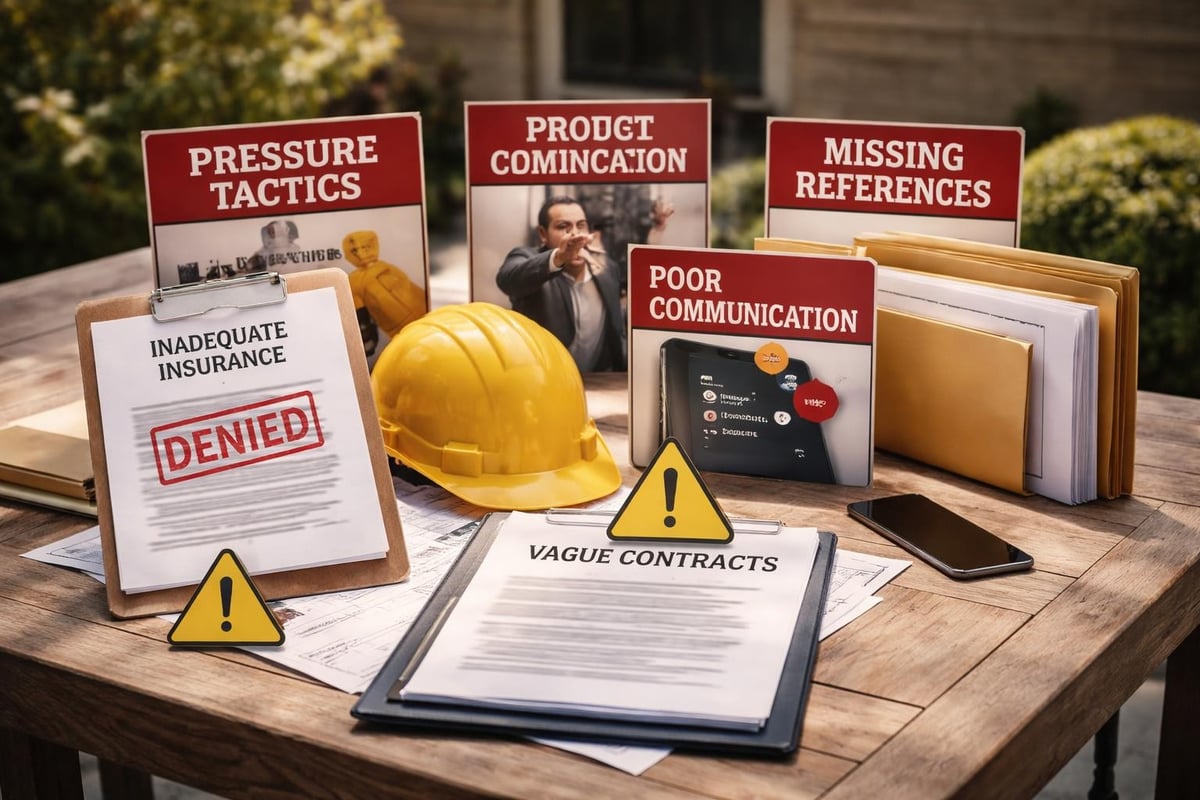 Visual representation of contractor evaluation concerns, featuring signs labeled "Pressure Tactics," "Poor Communication," "Missing References," and "Vague Contracts," alongside a clipboard marked "Inadequate Insurance: DENIED," a yellow hard hat, and documents on a wooden table.
