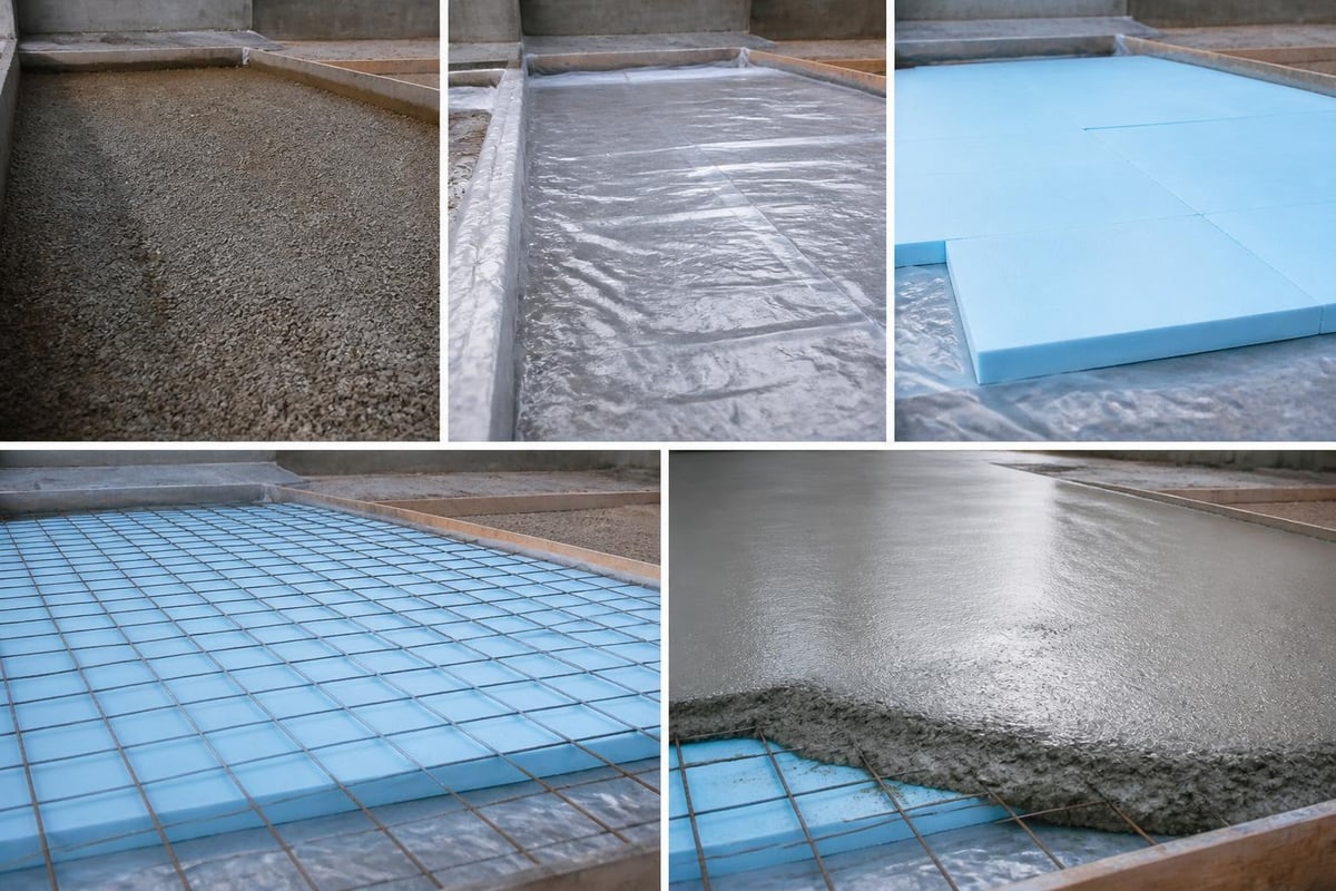 Slab insulation installation layers