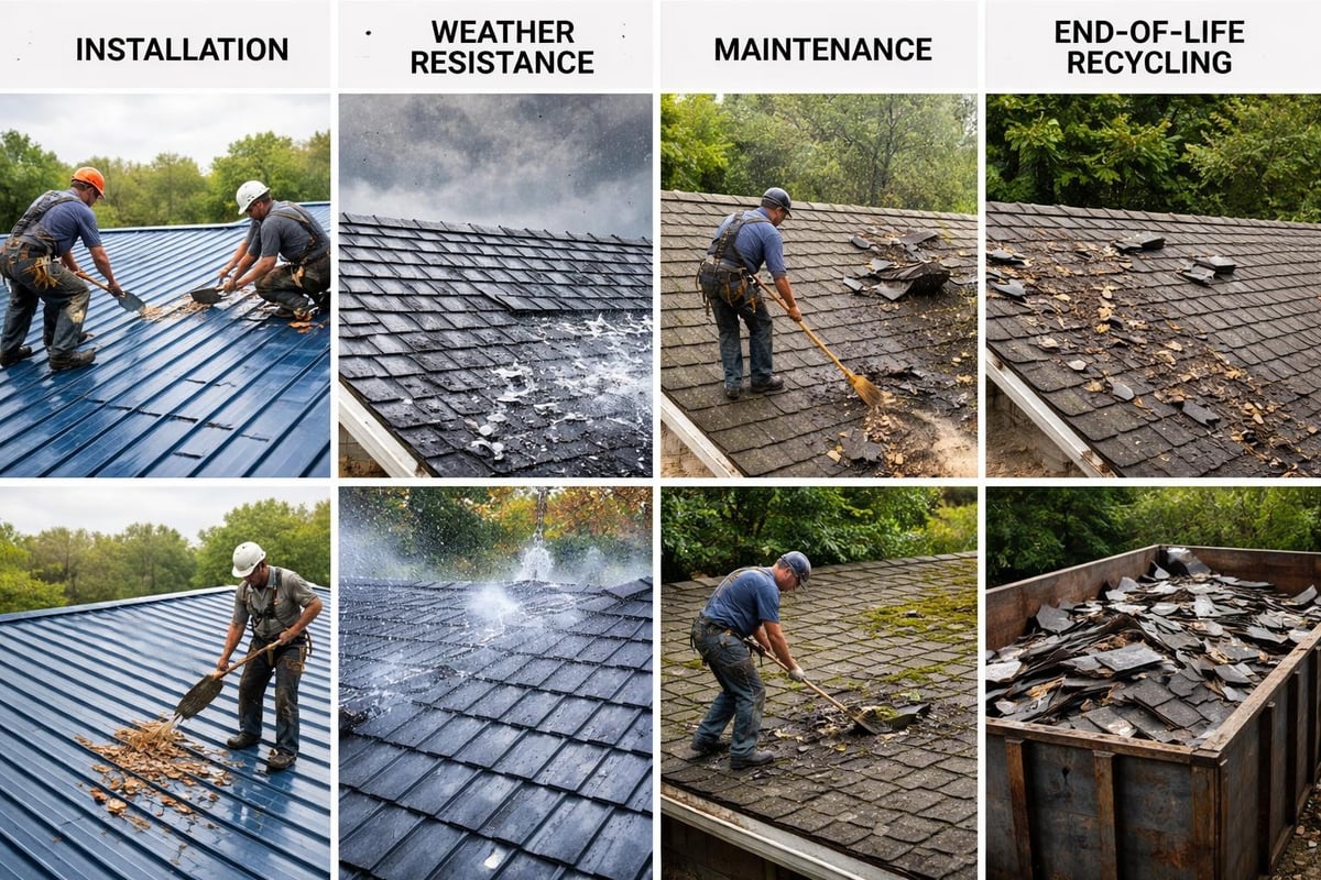 Installation and maintenance of metal roofing, showcasing weather resistance during rain and debris removal, with end-of-life recycling of roofing materials.