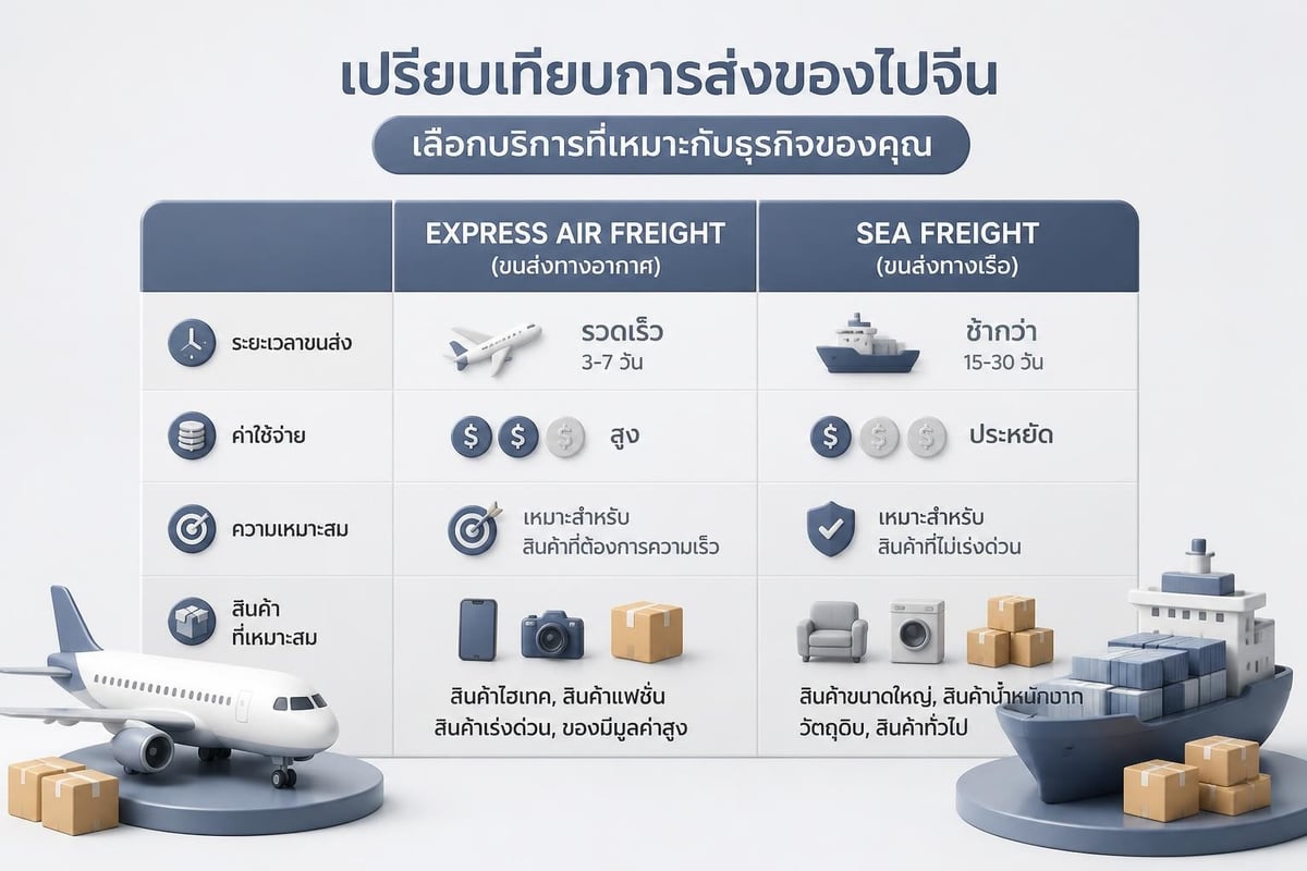 เปรียบเทียบระยะเวลาและค่าใช้จ่ายของแต่ละบริการขนส่ง