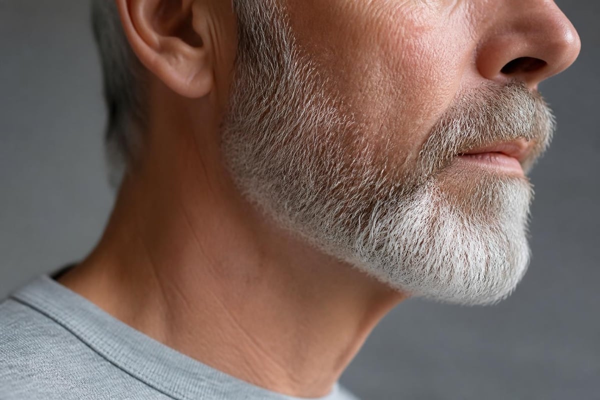 Melanocyte depletion in beard follicles
