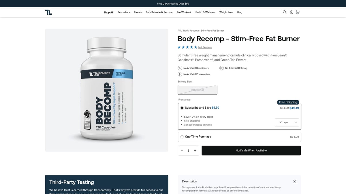 Top 7 Best Fat Burner For Men To Try In 2026 - Transparent Labs Recomp Stim-Free
