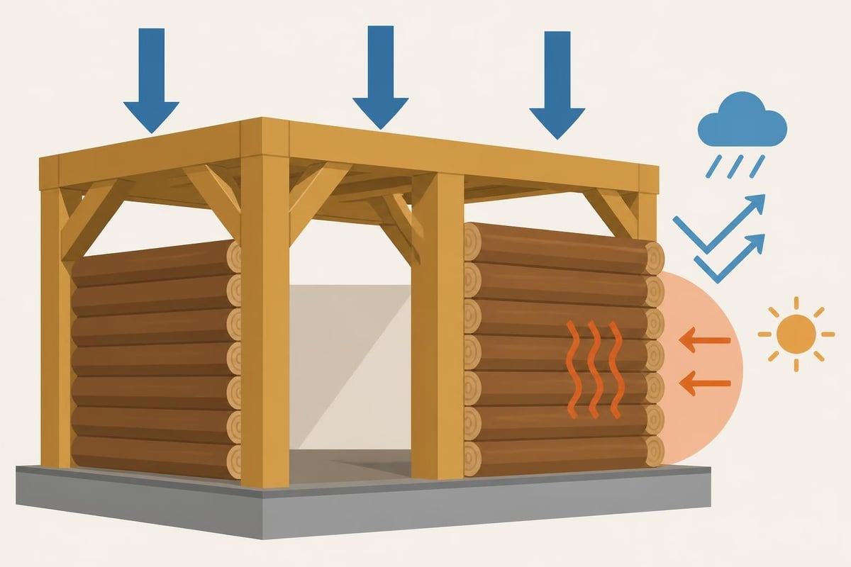 Timber frame structure with log infill