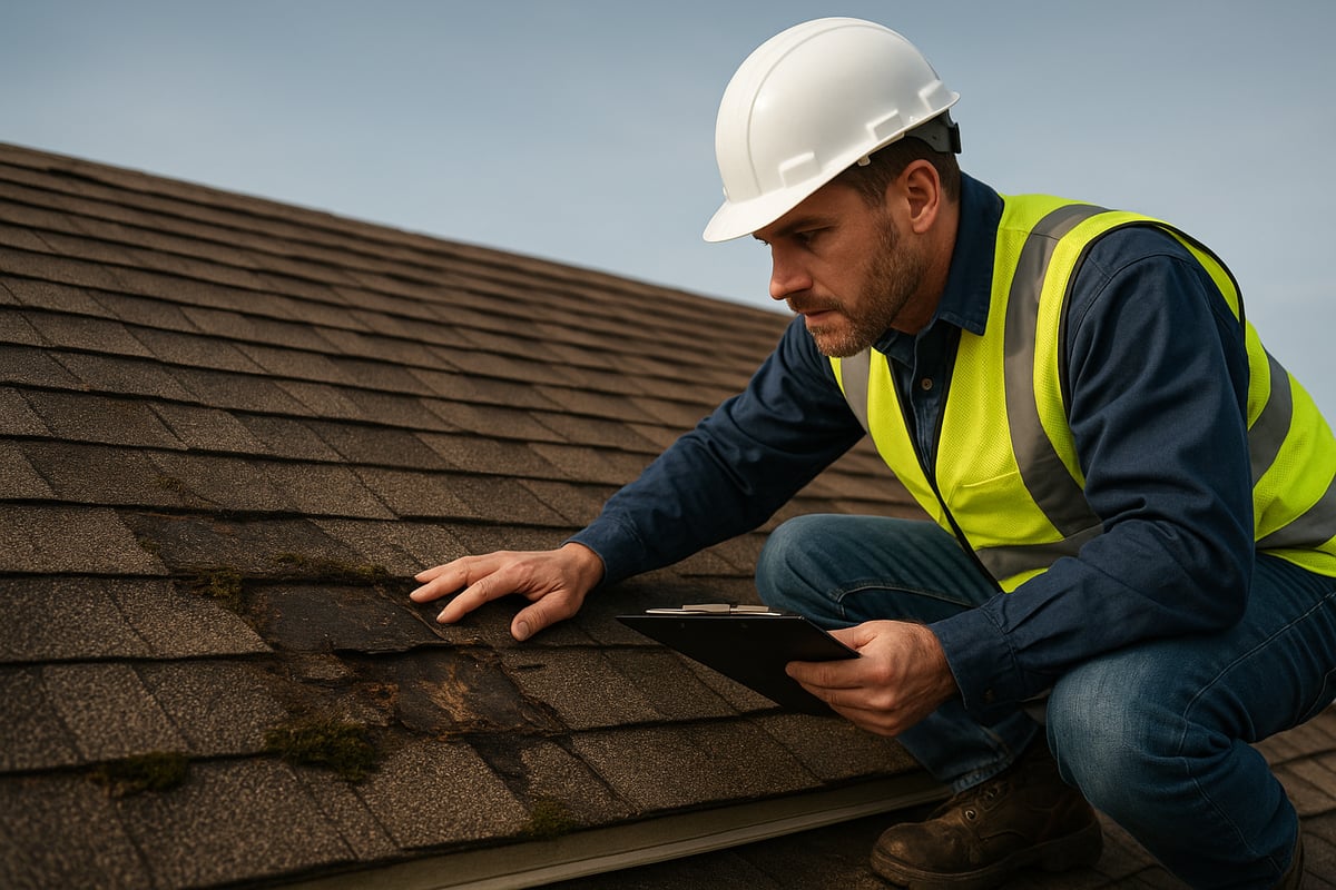 Professional roofing contractor inspecting damaged shingles on a roof, wearing a hard hat and safety vest, with a clipboard in hand, highlighting the importance of roof replacement services.