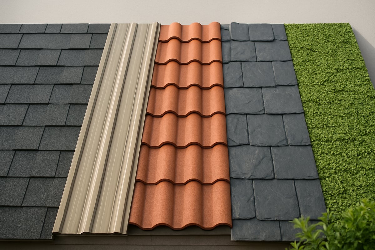 Various roofing materials displayed, including asphalt shingles, metal, clay tiles, and slate, illustrating options for roof replacement services.