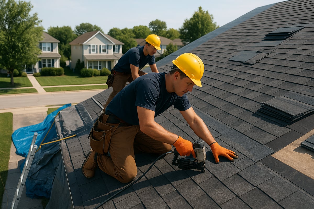 Two roofers installing asphalt shingles on a residential roof, using a nail gun, wearing safety helmets and gloves, with a ladder and tarp visible in the background.
