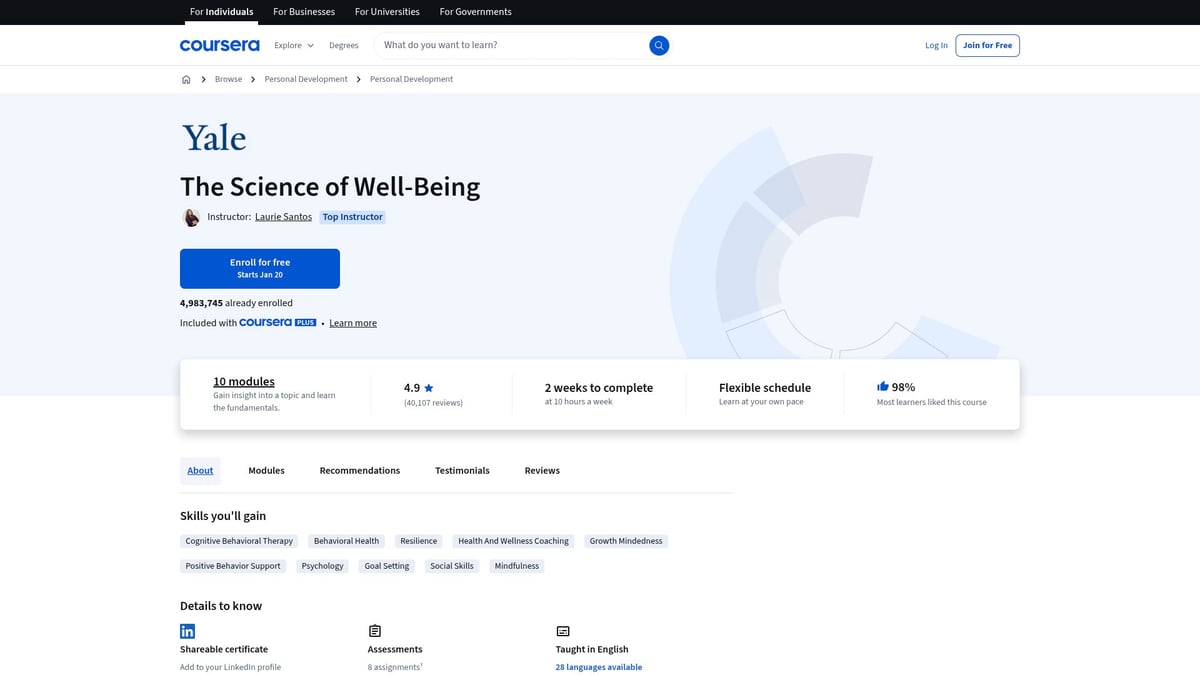9 Essential Mental Health Classes Online to Try in 2026 - Managing Stress and Building Resilience – Coursera (Yale University)