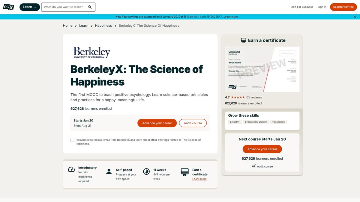 9 Essential Mental Health Classes Online to Try in 2026 - The Science of Happiness – edX (UC Berkeley)