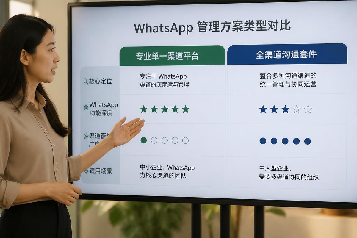 不同類型WhatsApp管理方案的功能範圍對比