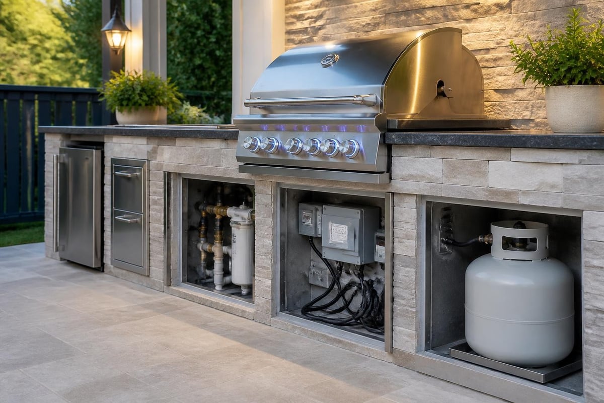 Outdoor kitchen fuel and utility layout