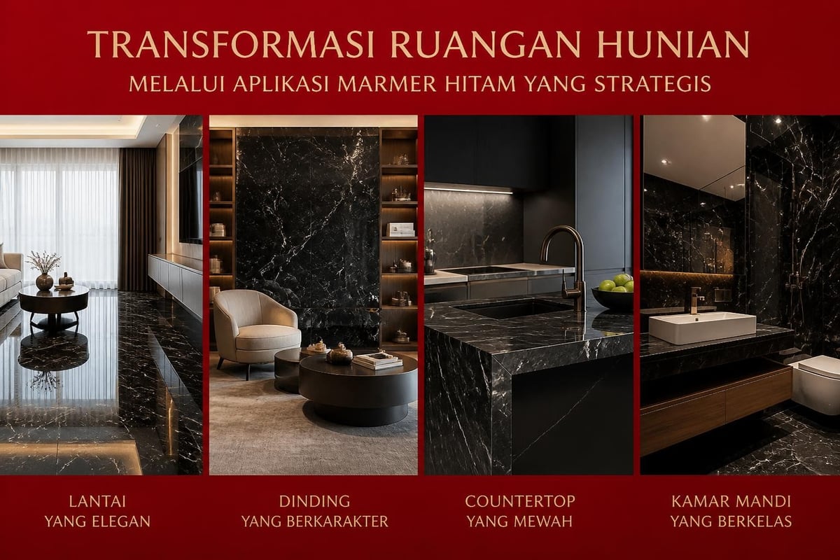 Aplikasi marmer hitam di berbagai ruangan