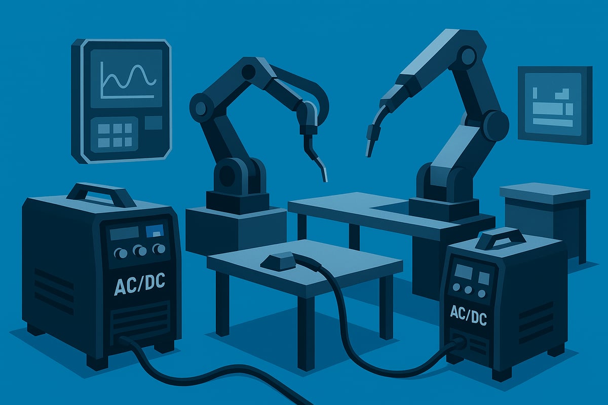 Low-poly illustration of welding equipment, featuring AC/DC power sources, robotic arms, and a control panel, representing advanced technology for aluminum and stainless steel welding.