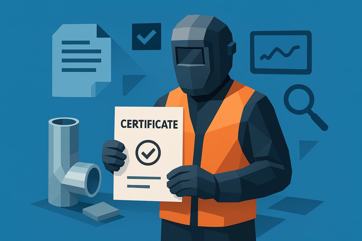 Welder in protective gear holding a certification document, surrounded by welding tools and safety symbols, emphasizing the importance of qualifications in aluminum and stainless steel welding.