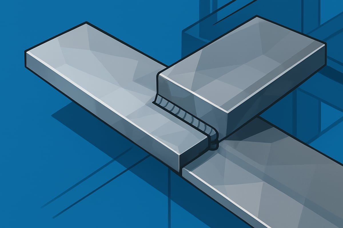 Low-poly illustration of aluminum and stainless steel welding joint, emphasizing fabrication techniques and material properties relevant to welding specialists.