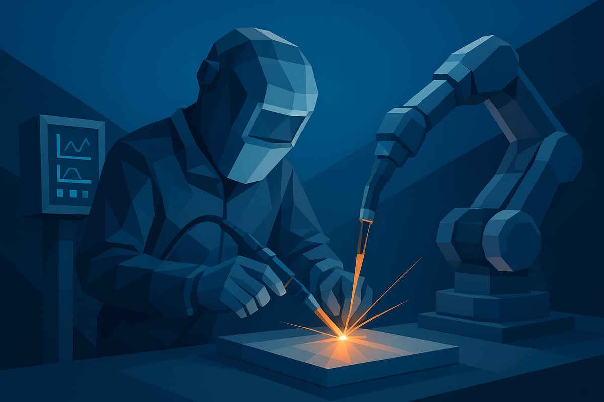 Low-poly illustration of a welder using a welding torch and robotic arm, showcasing welding sparks on a metal surface, emphasizing precision in aluminum and stainless steel fabrication.