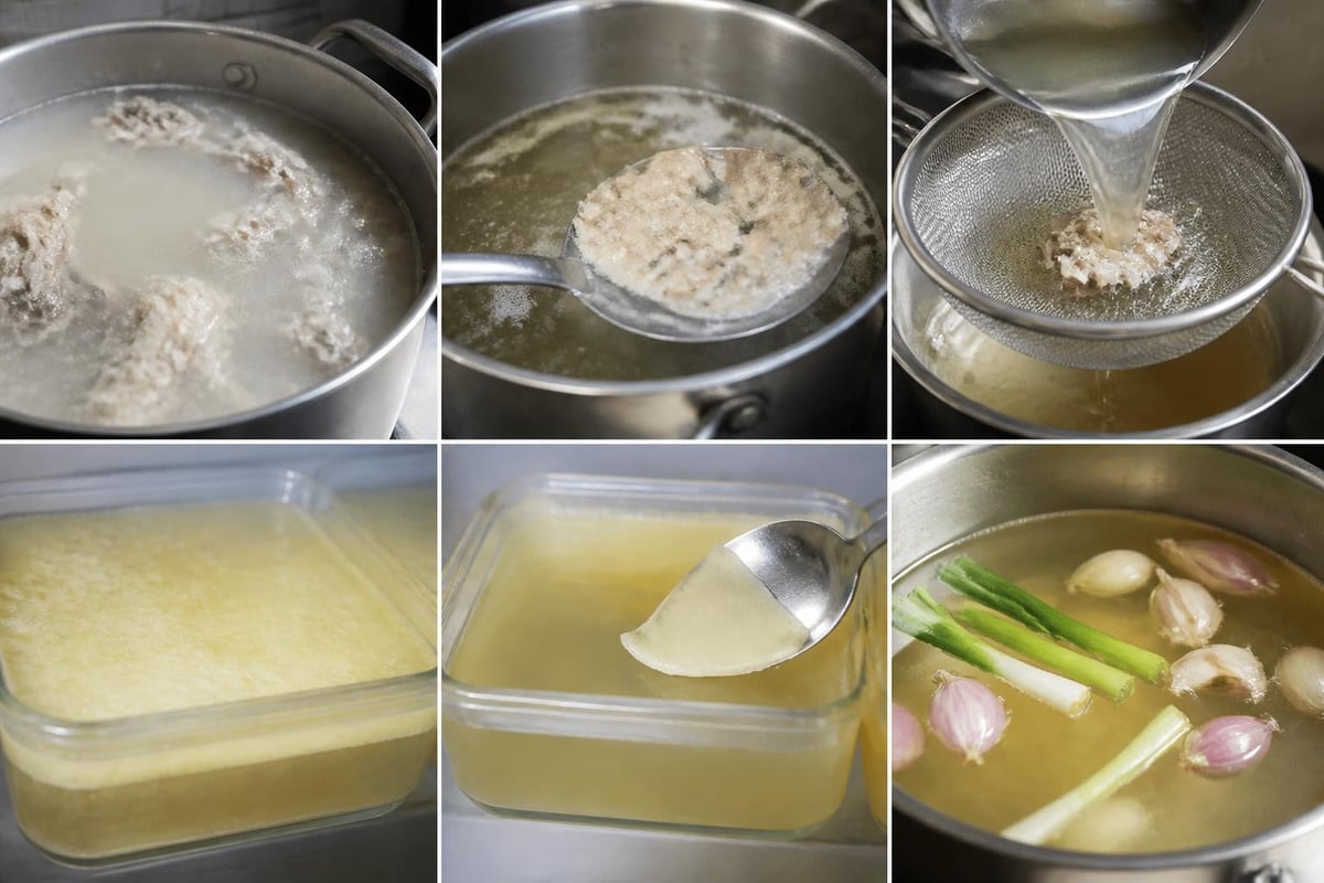 Step-by-step kuah bakso clarification