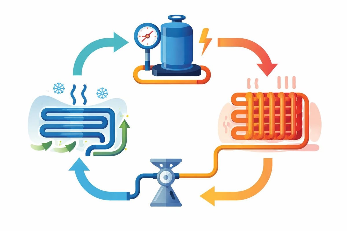 Wärmepumpen-Kreislauf Schema – Verdampfer, Verdichter, Kondensator, Expansionsventil