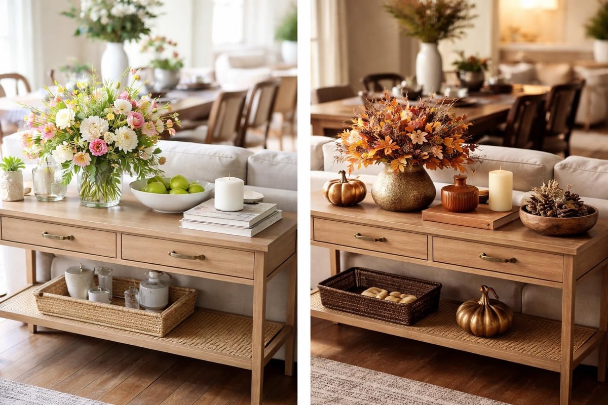 Seasonal dining room sofa table styling