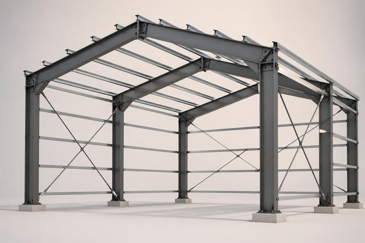 Steel frame assembly showing primary and secondary components