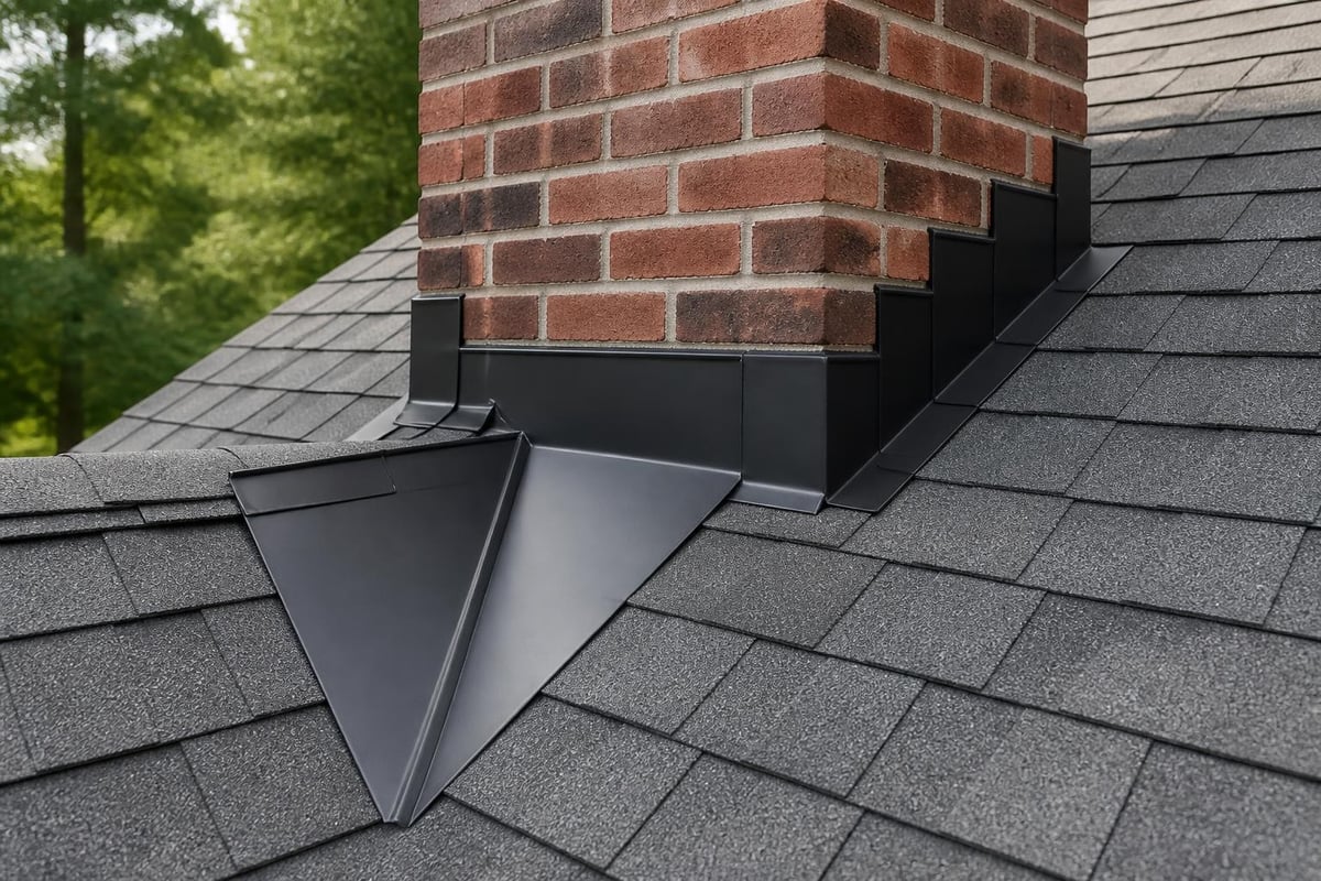 Chimney flashing layers and roof integration