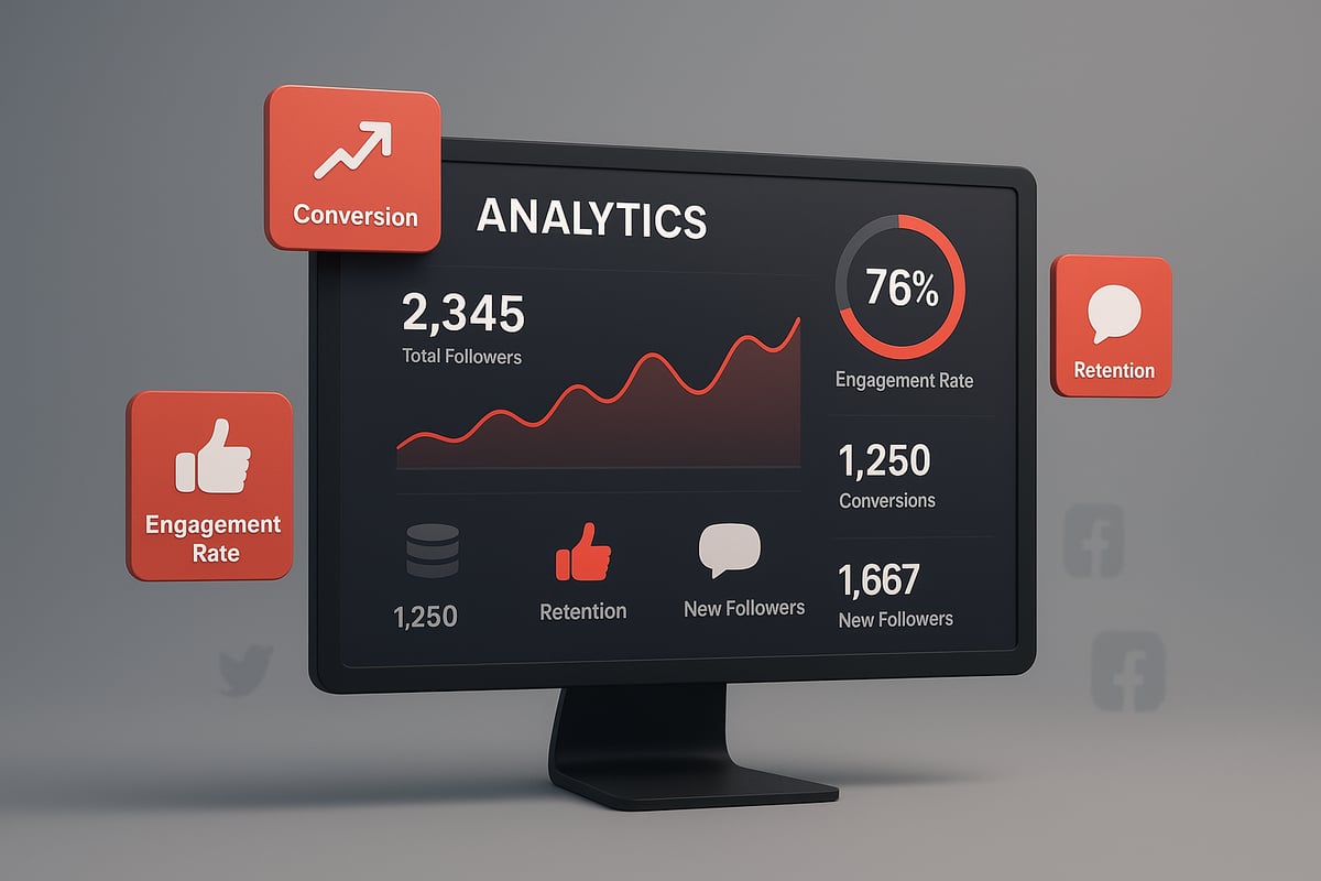 Computer screen displaying analytics data with orange and white icons.
