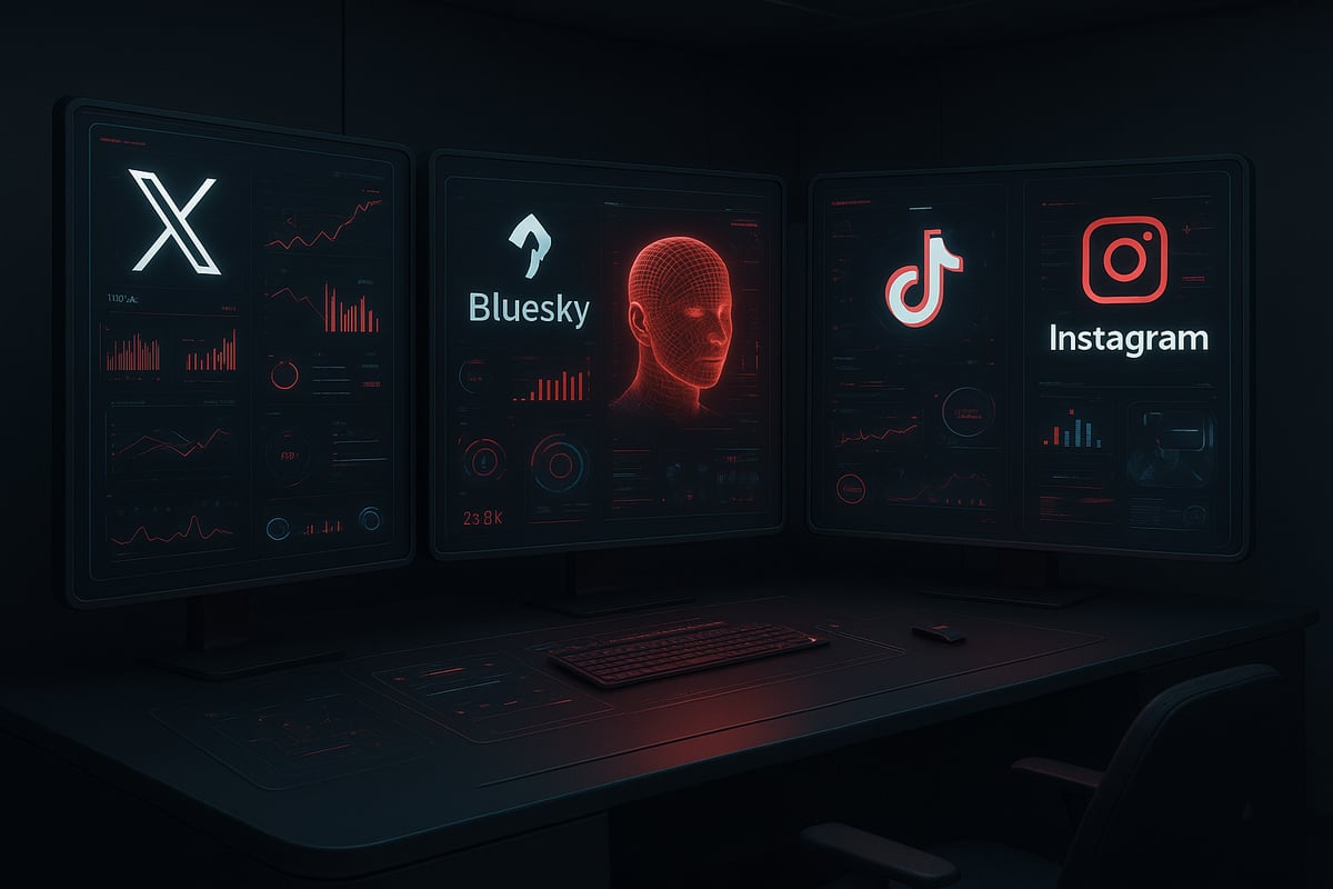 Dark room with four monitors displaying social media logos and data visualizations. Keyboard and chair are in view.