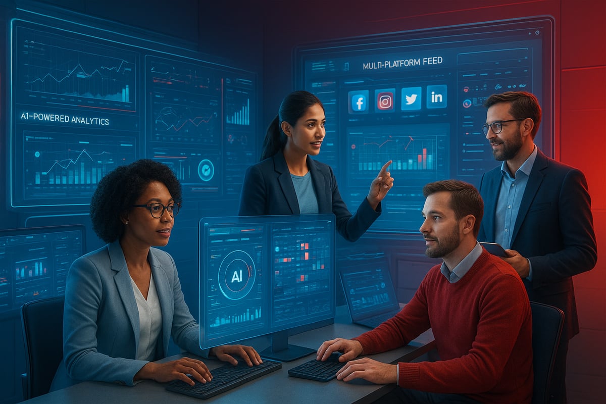 Four people in a tech-filled room, analyzing data on glowing screens. One woman points, others work at computers.