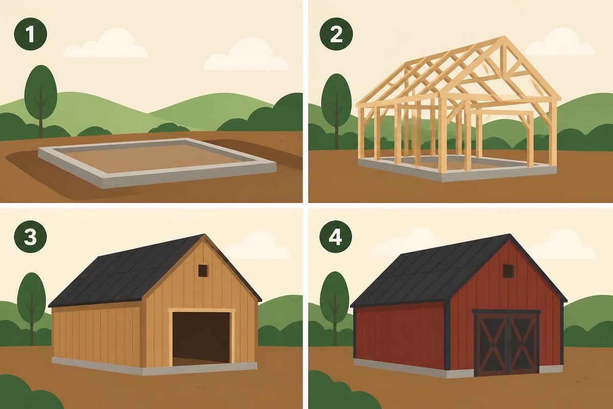 Wooden barn construction stages