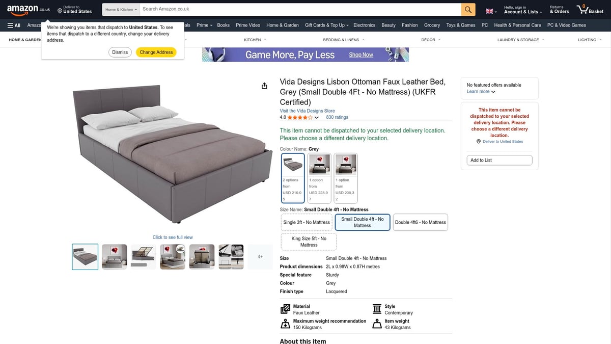 Top 8 Most Popular Bed Frames for Stylish Bedrooms 2025 - Vida Designs Lisbon Ottoman Faux Leather Bed, Grey (Small Double 4Ft)