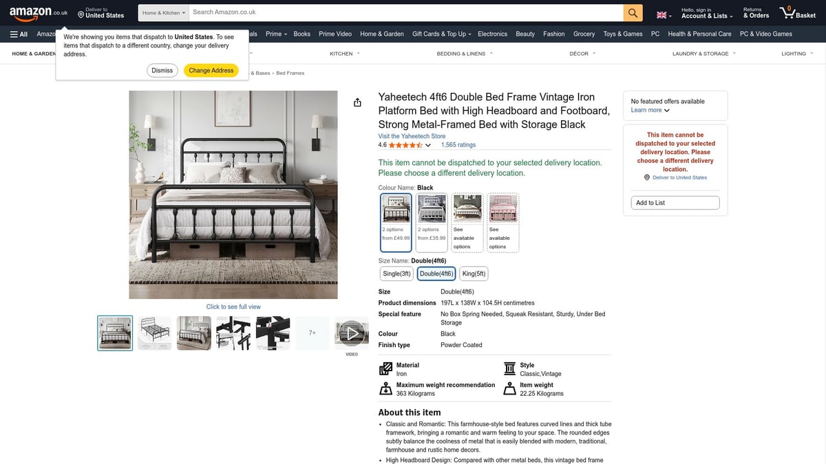 Top 8 Most Popular Bed Frames for Stylish Bedrooms 2025 - Yaheetech 4ft6 Double Bed Frame Vintage Iron Platform Bed with High Headboard and Footboard