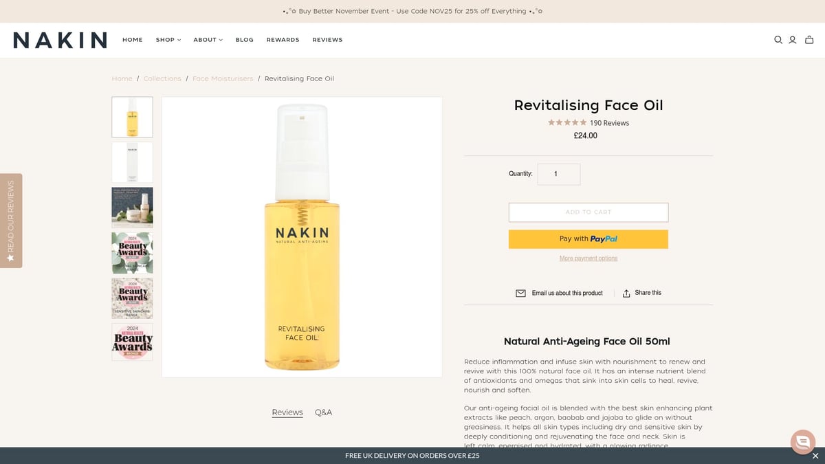 Top 8 Cruelty Free Skin Care Products To Try In 2025 - Nakin Natural Anti-Ageing Revitalising Face Oil