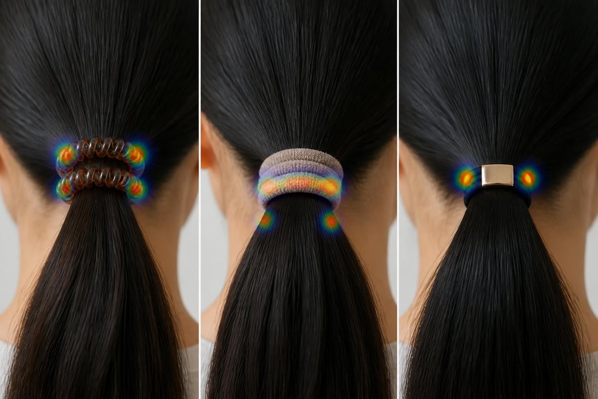 How different hair tie materials distribute tension across thick hair