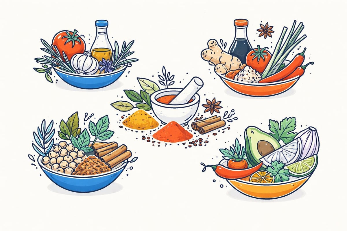 Gewürzpalette internationaler Küchen