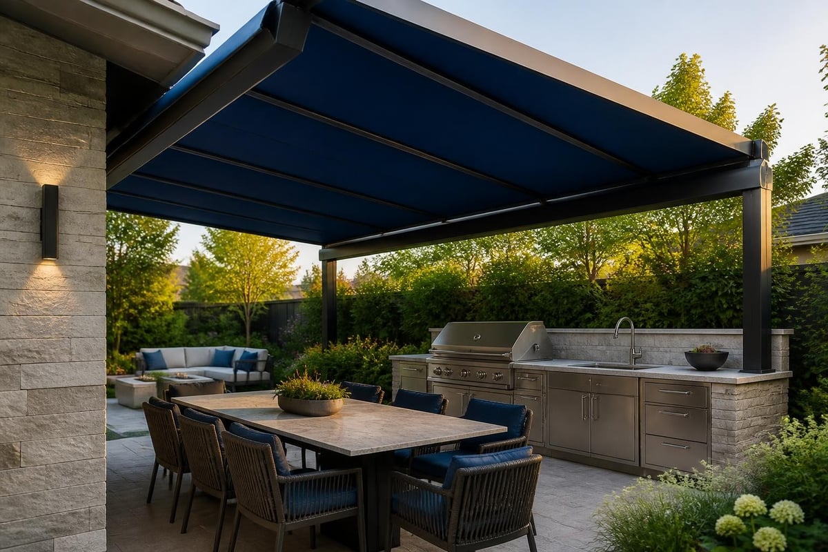 Outdoor kitchen with retractable gazebo