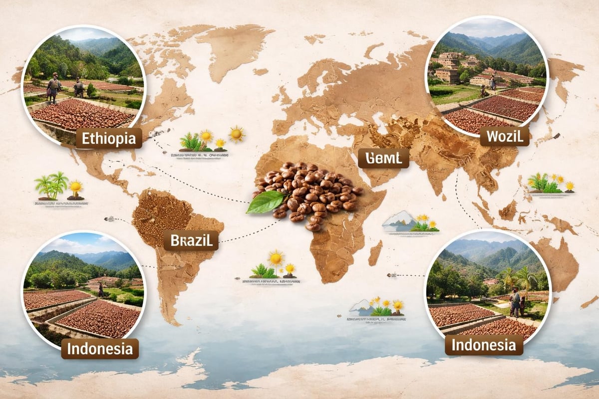 Carte des régions productrices de café natural