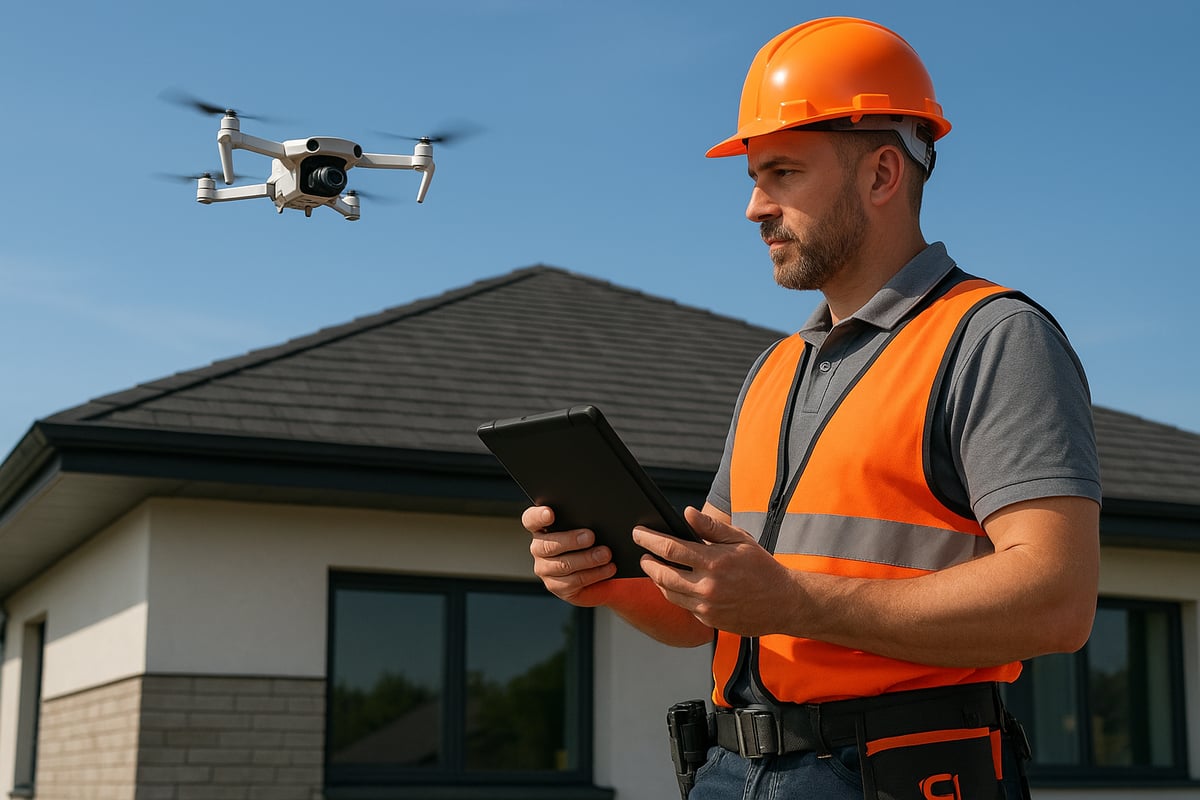 Construction professional in orange safety vest and hard hat operating a tablet while monitoring a drone above a residential roof, emphasizing technology in roofing inspections and insurance claims processes.