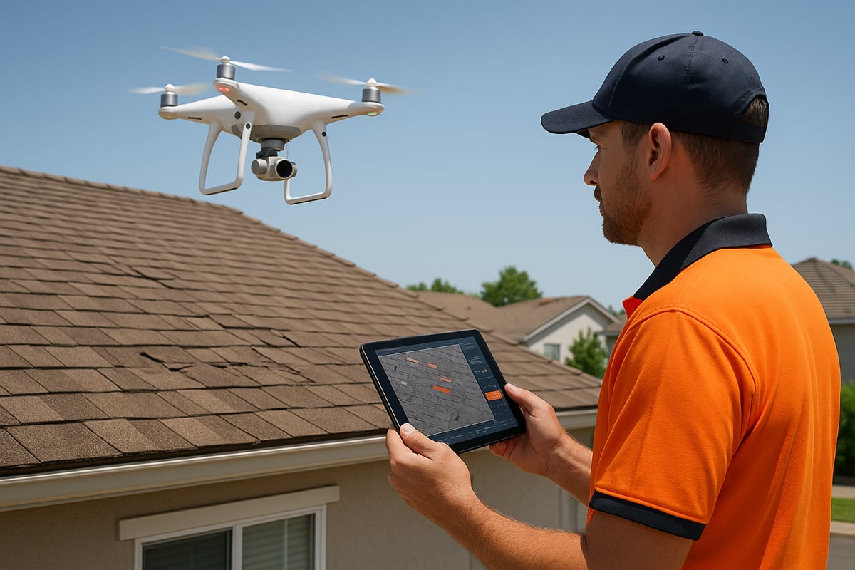 Roofer using a tablet to control a drone for roof inspection, showcasing advanced technology for assessing roofing damage and insurance claims.