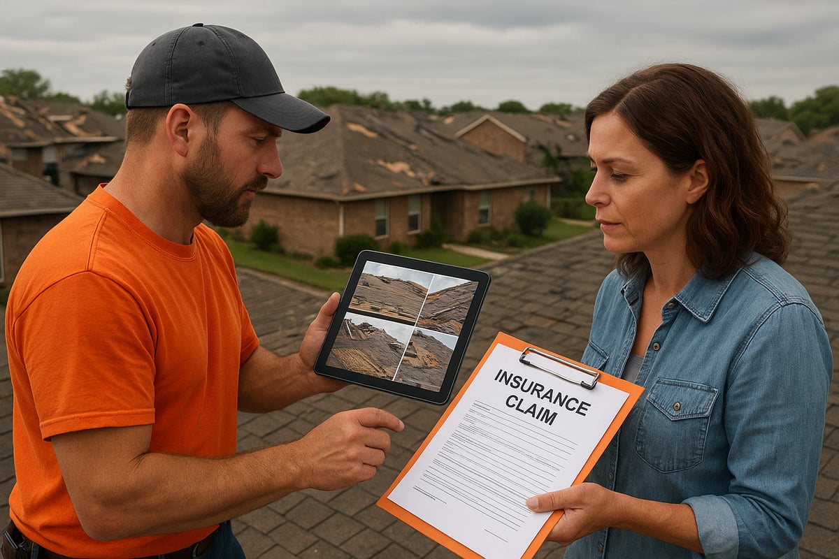 Roofer discussing insurance claim details with client, showing tablet with damage photos and holding claim document on a residential roof.