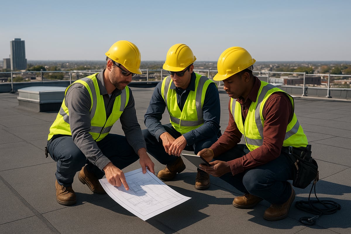 Three construction professionals in hard hats and safety vests reviewing roofing plans on a commercial building rooftop, discussing project details and planning for a roof replacement.