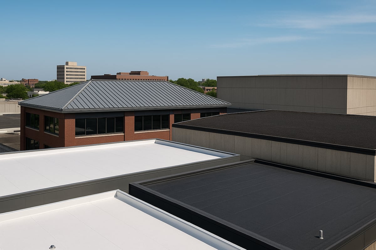 Variety of commercial roofing systems including metal, flat, and membrane roofs on urban buildings under clear blue sky, illustrating options for effective roofing solutions.